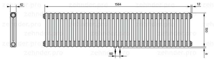 Схема (чертеж) Радиатор Zehnder Charleston 2050/34 №5410 Белый глянцевый RAL 9016